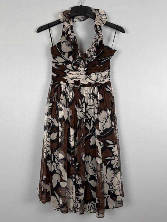 Zara Dresses & Skirts - Zara Dress Womens S Brown Floral 100% Silk Halter Y2K Ruffle Wedding Guest Retro